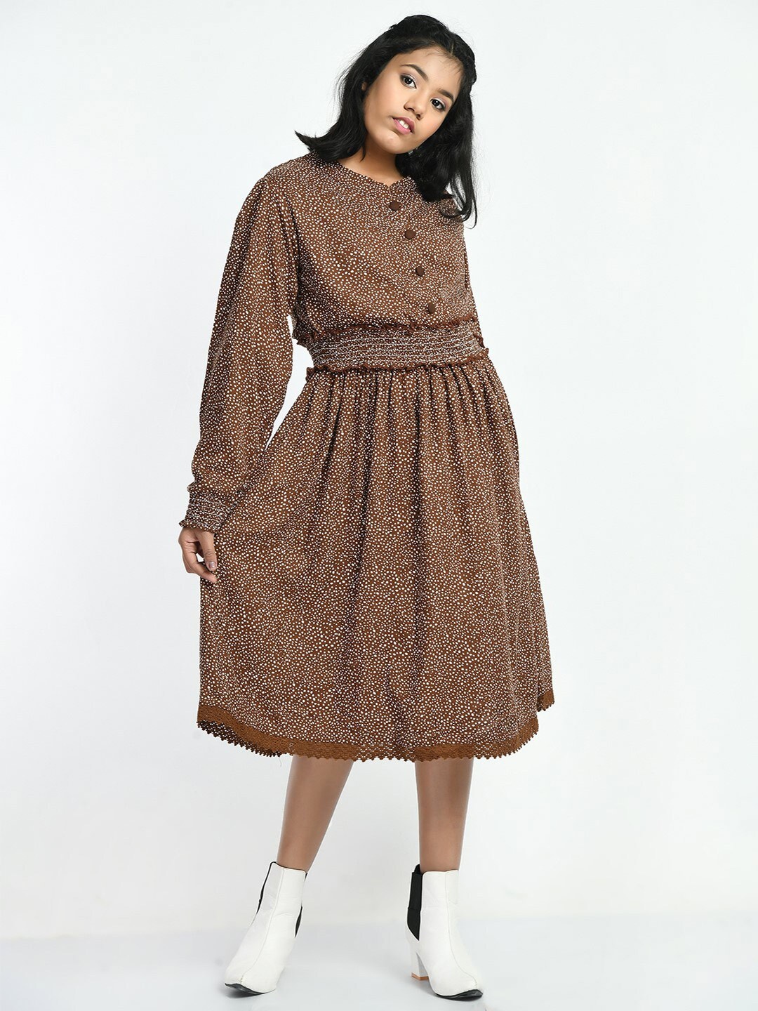 

Bella Moda Geometric Printed Puff Sleeves Cotton Fit And Flare Dress, Brown