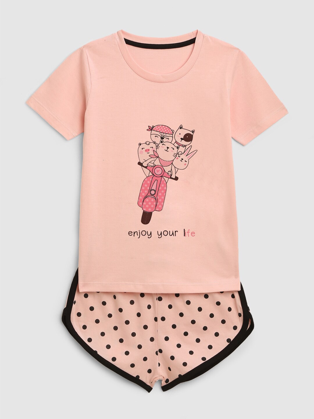 

YK Girls Cat Printed T-shirt with Shorts Set, Pink