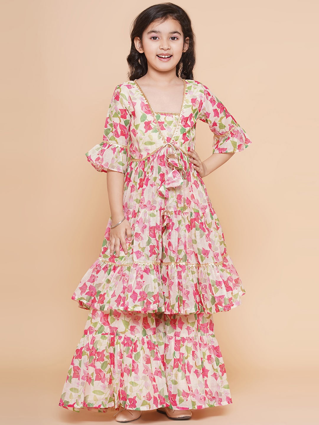 

Bitiya by Bhama Girls Floral Printed Tiered Kurta with Sharara, Cream