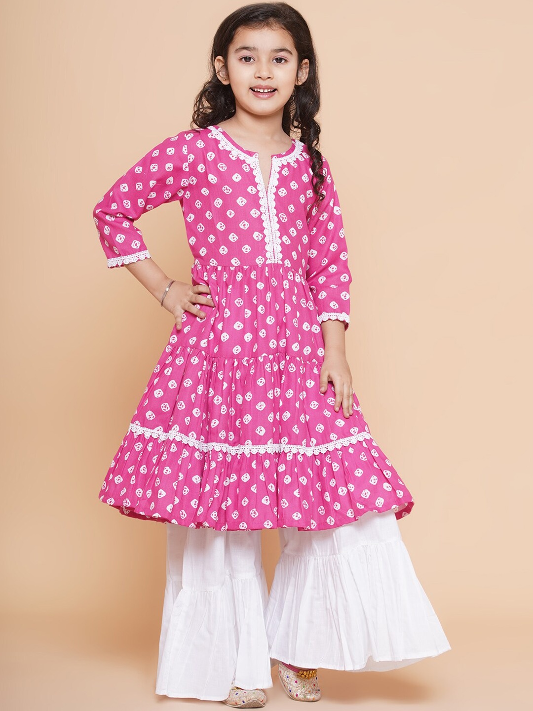 

Bitiya by Bhama Girls Printed Tiered Gotta Patti Pure Cotton Kurta with Sharara, Pink