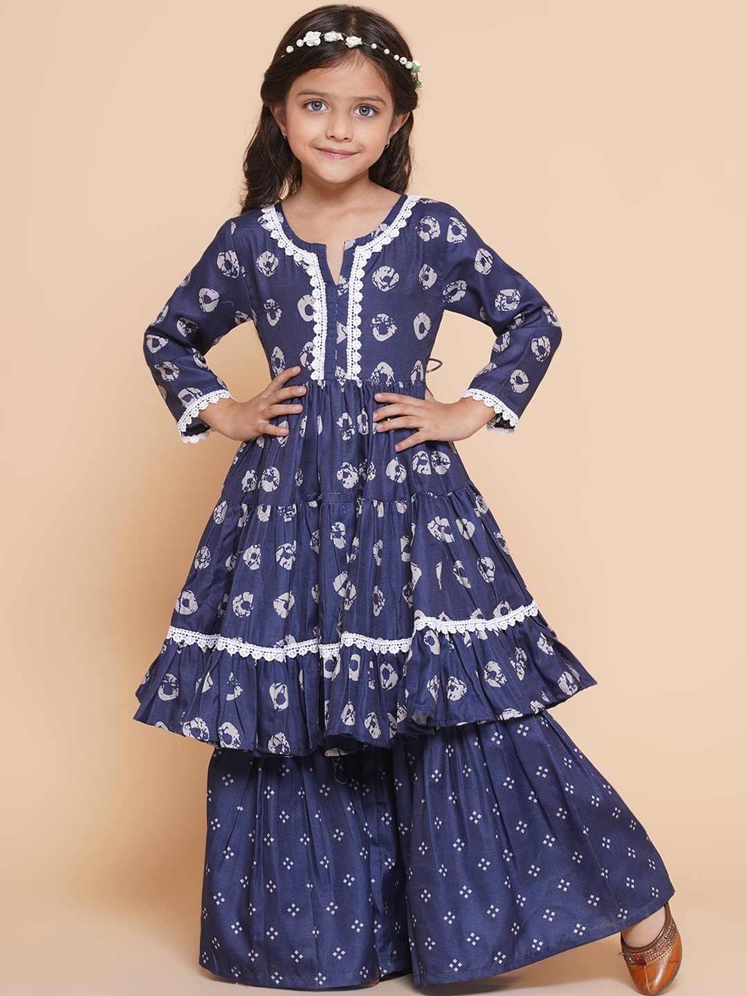 

Bitiya by Bhama Girls Bandhani Printed Gotta Patti Pure Cotton Kurta With Sharara, Navy blue
