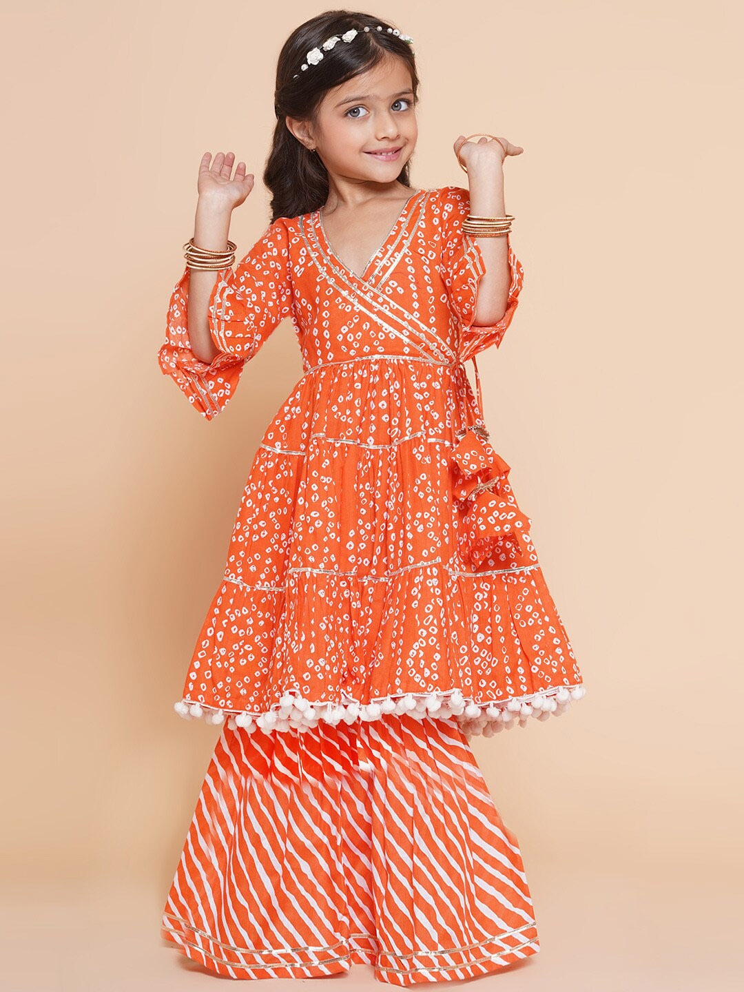 

Bitiya by Bhama Girls Bandhani Printed Angrakha Gotta Patti Pure Cotton Kurta with Sharara, Orange