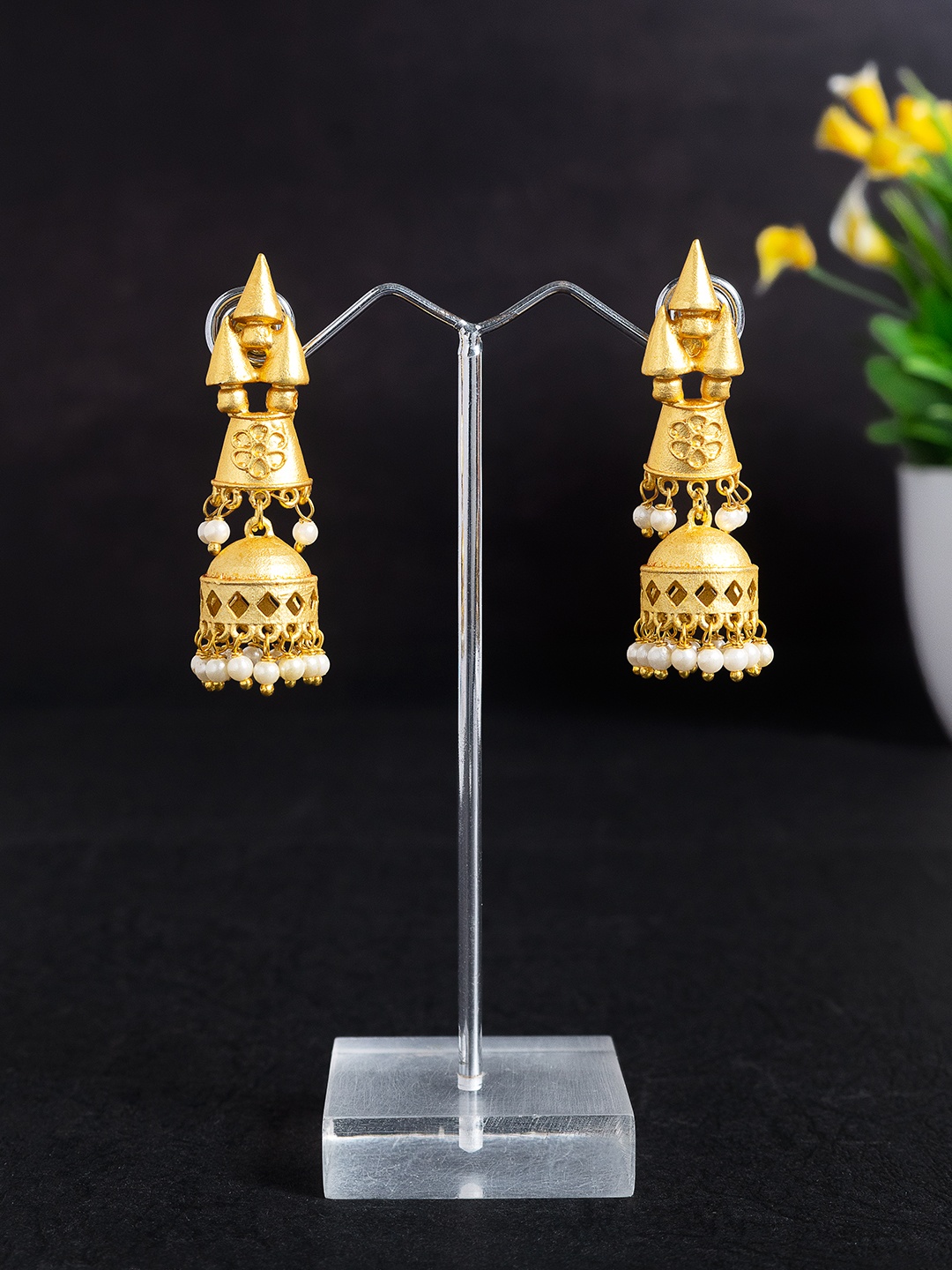 

Golden Gold-Plated Dome Shaped Drop Earrings