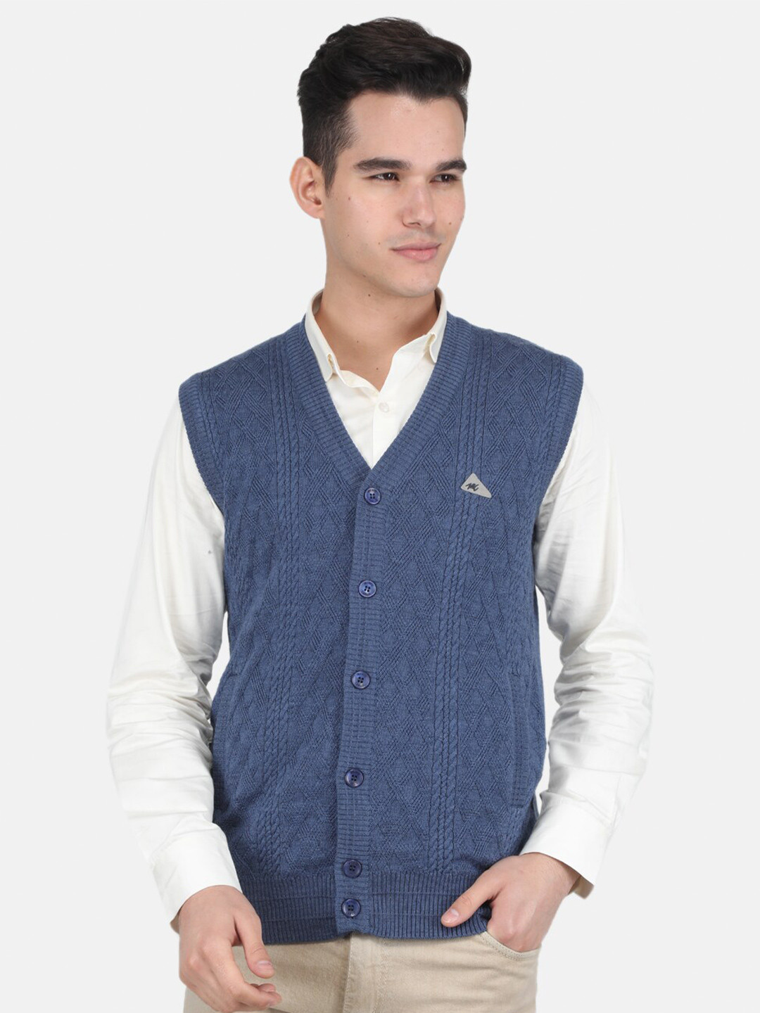 

Monte Carlo V-Neck Self Design Center Front Open Woolen Cardigan Sweater, Blue