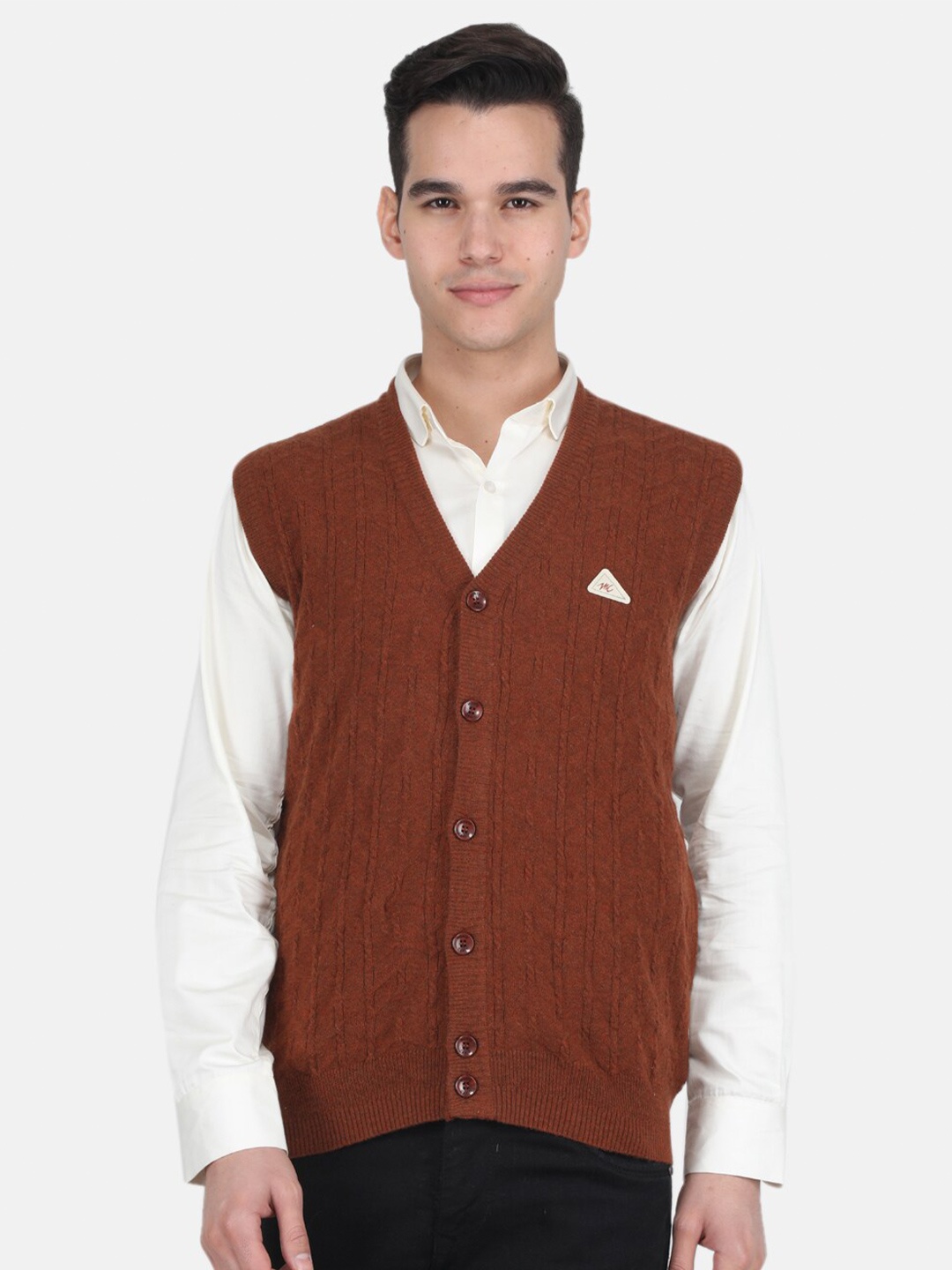 

Monte Carlo V-Neck Self Design Center Front Open Woolen Cardigan Sweater, Brown