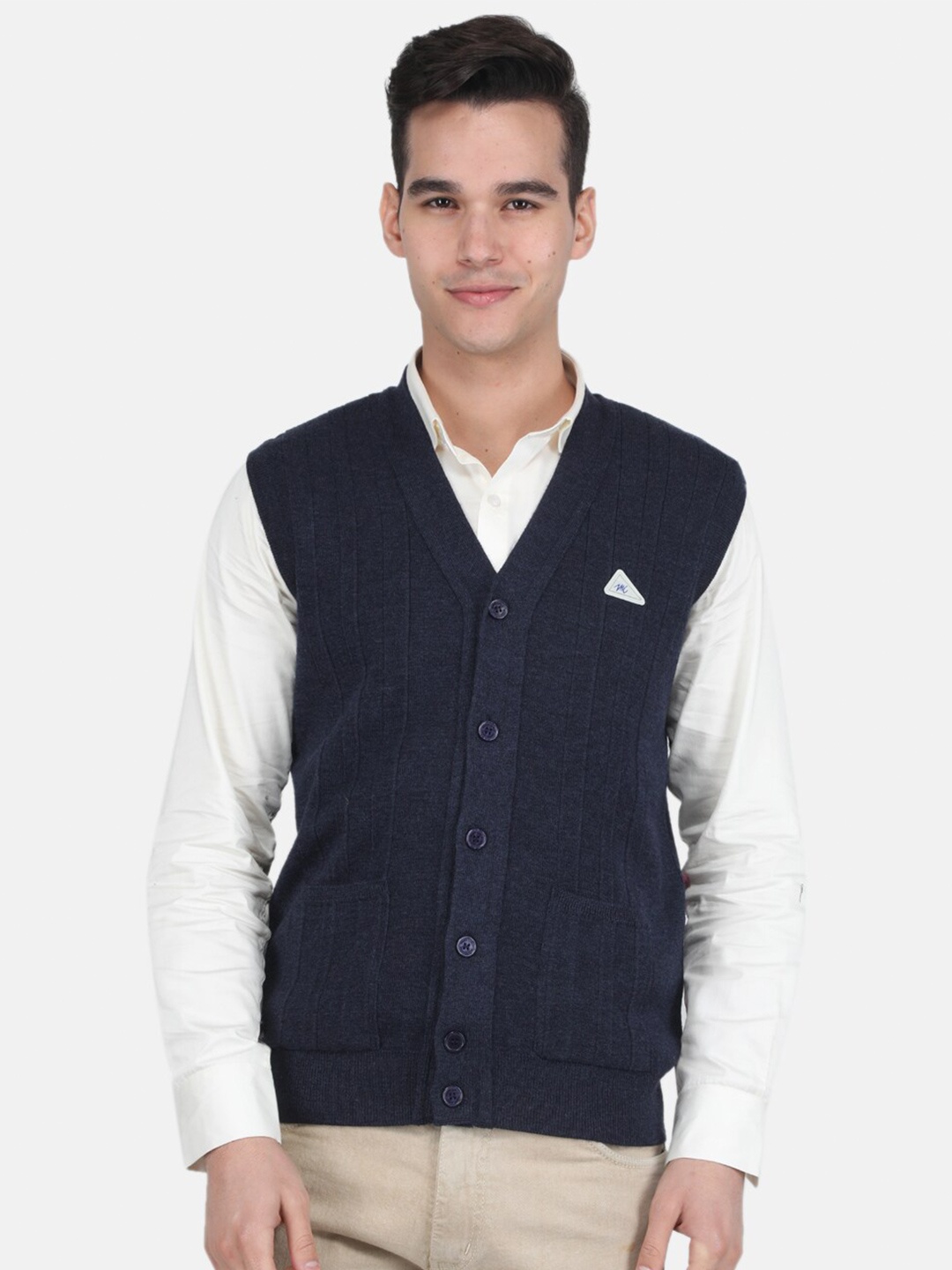 

Monte Carlo V-Neck Self Design Center Front Open Woolen Cardigan Sweater, Navy blue