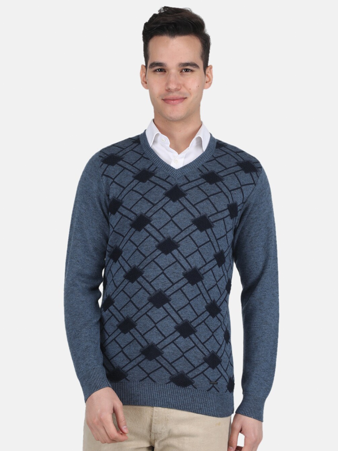 

Monte Carlo Men Geometric Self Design Cotton Pullover, Teal