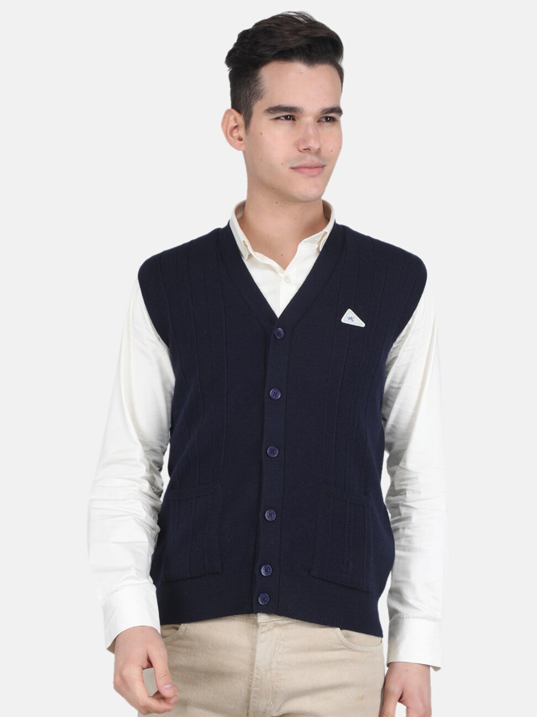 

Monte Carlo Men V- Neck Pure Wool Cardigan, Navy blue