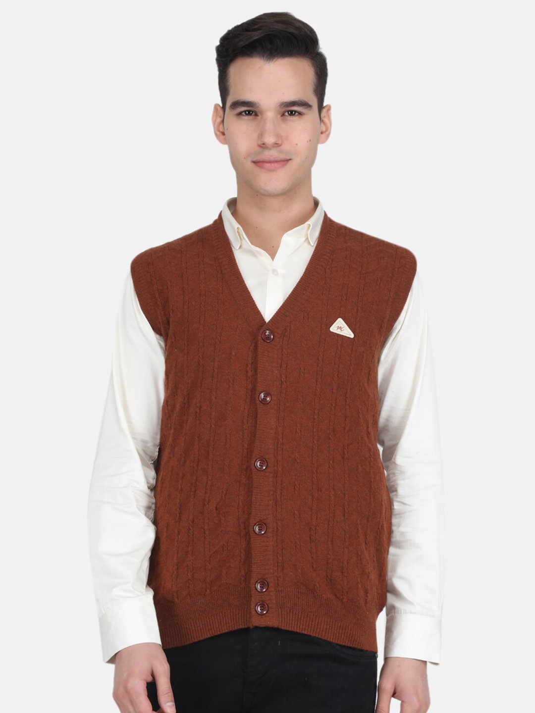 

Monte Carlo Men V-Neck Cable Knit Wool Cardigan, Brown