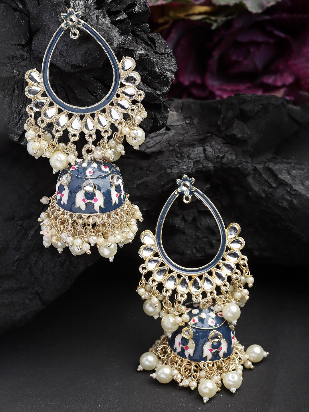 

Shining Diva Gold-Plated Beaded Classic Jhumkas, Blue