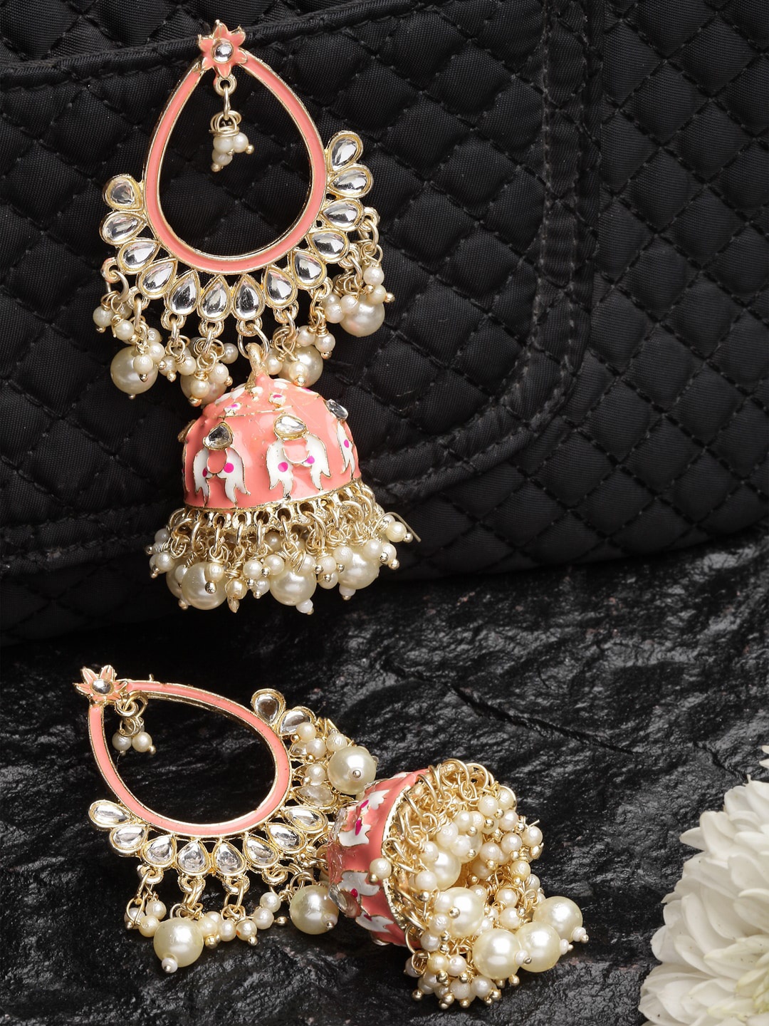 

Shining Diva Gold Plated Classic Jhumkas Earrings, Peach