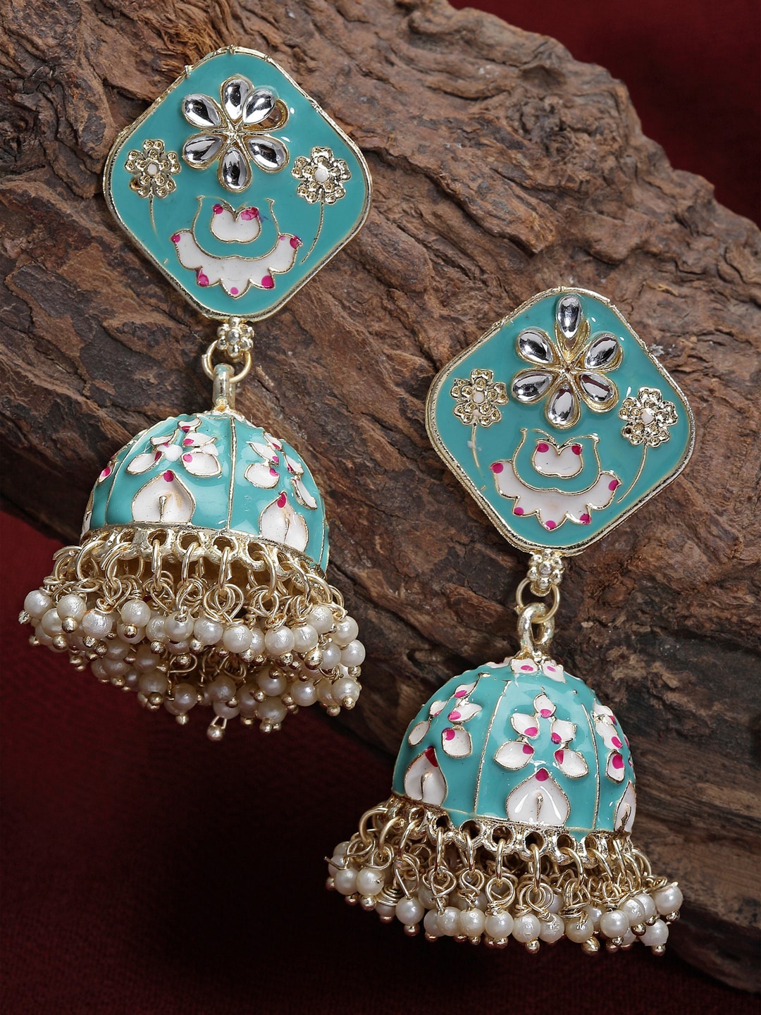 

Shining Diva Gold Plated Pearl Studded Classic Jhumkas Earrings, Blue