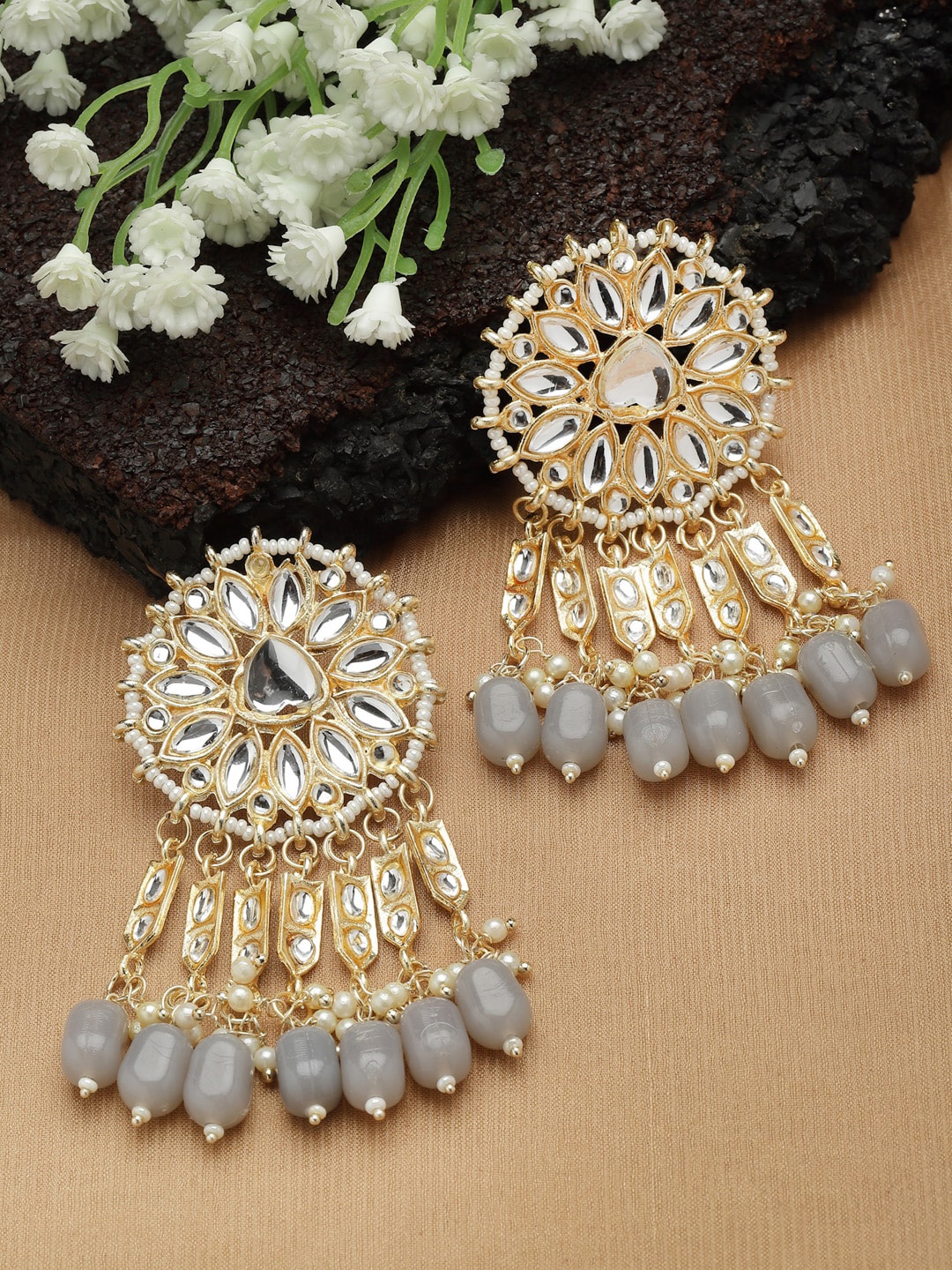 

Shining Diva Gold-Plated Classic Jhumkas Earrings, Grey