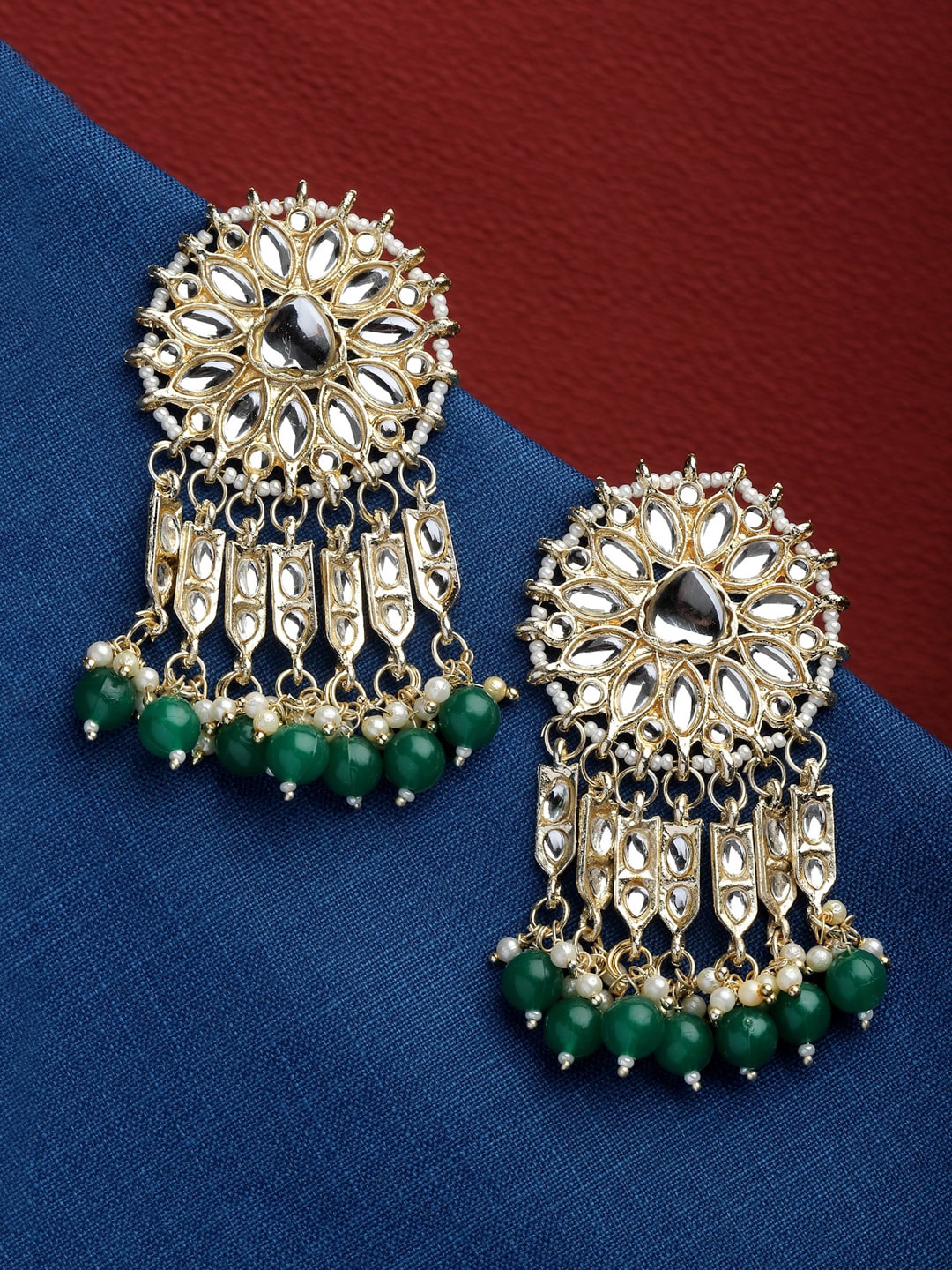 

Shining Diva Gold Plated Classic Kundan Studded Drop Earrings, Green