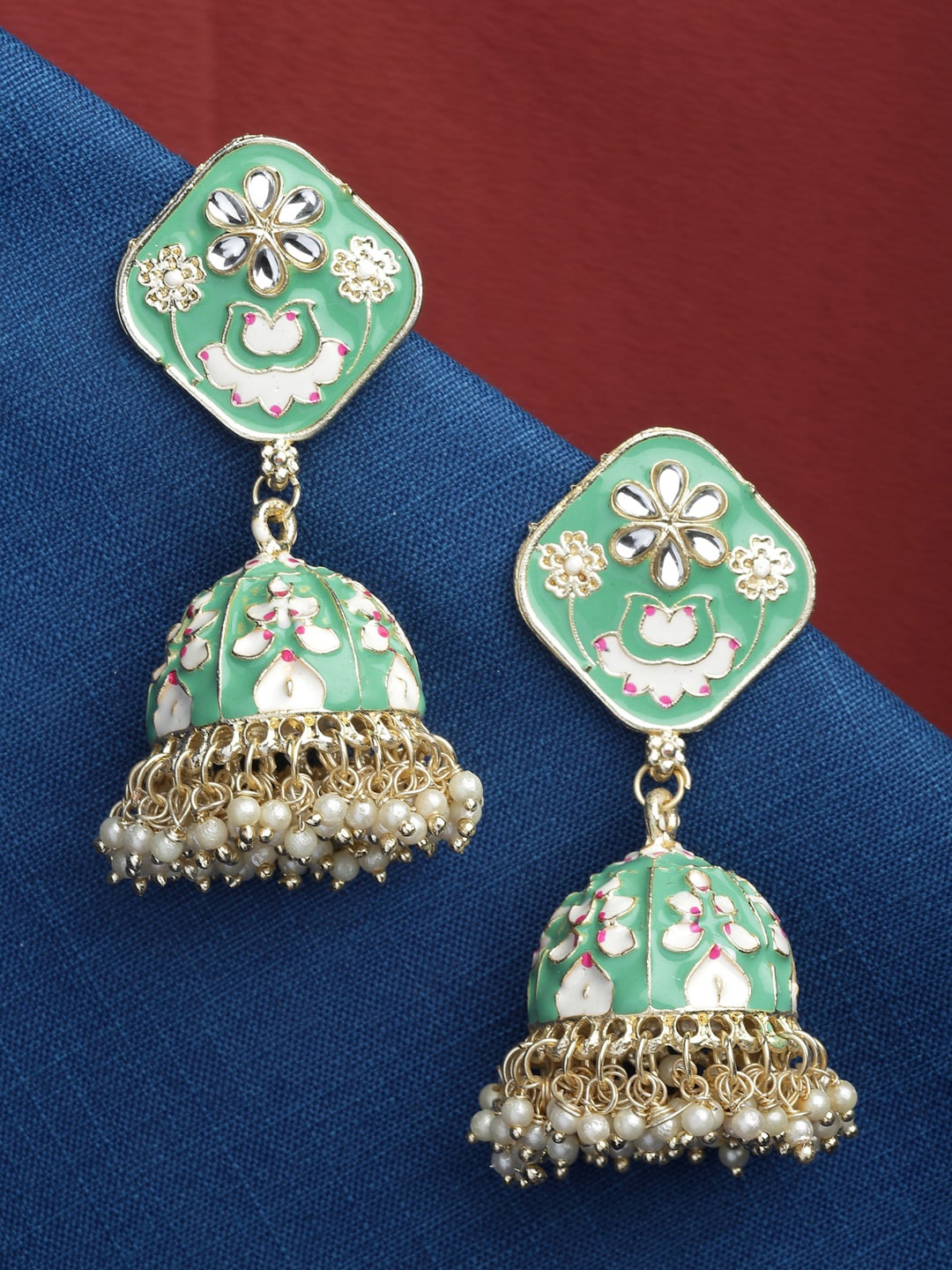 

Shining Diva Gold-Plated Classic Jhumkas Earrings, Sea green