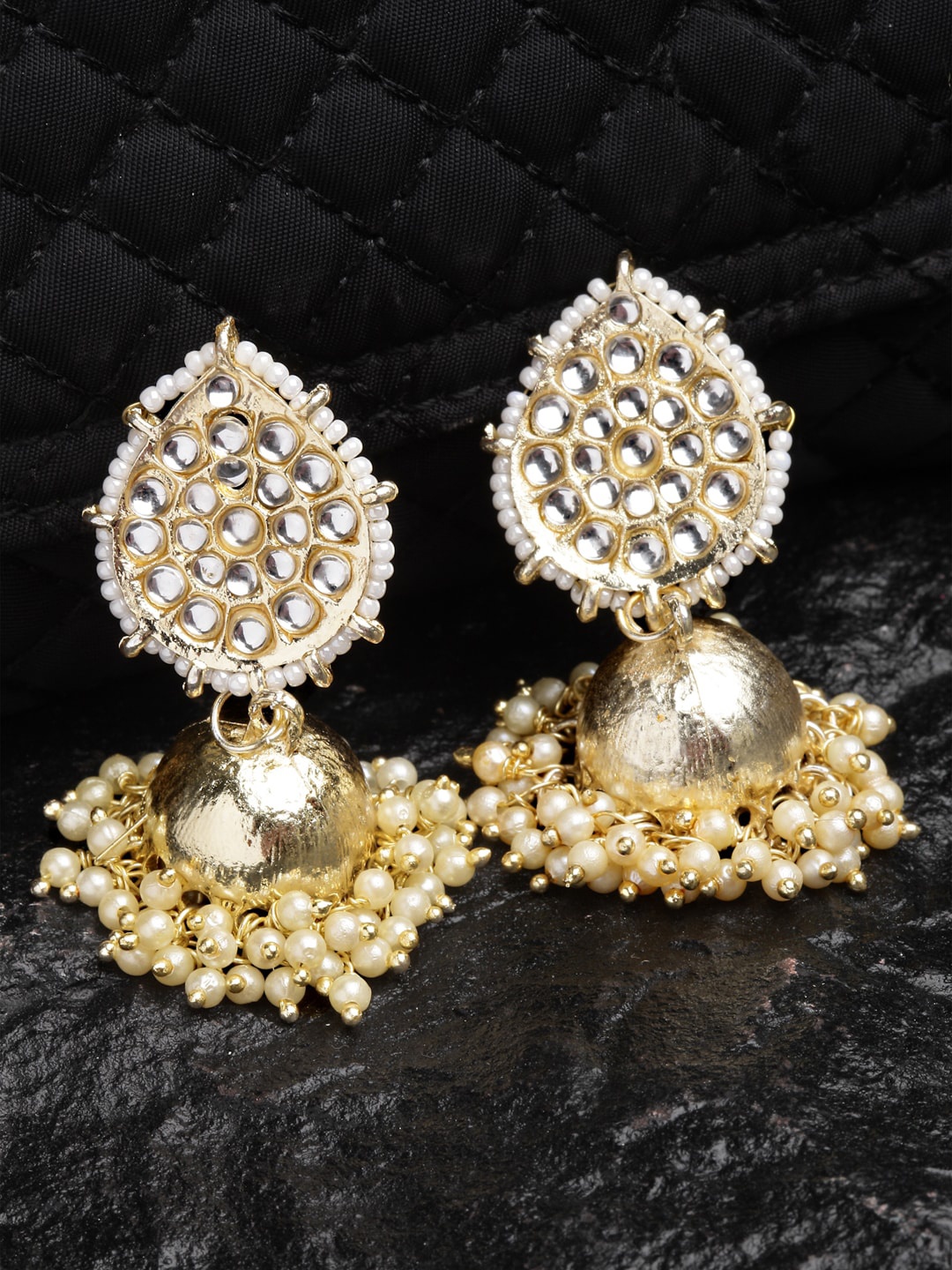 

Shining Diva Gold-Plated Stone Studded & Beaded Dome Shaped Jhumkas, White