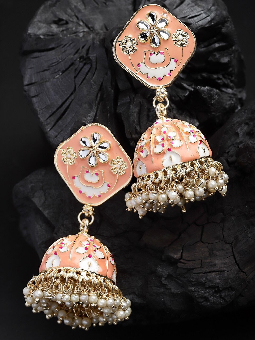

Shining Diva Gold-Plated Dome Shaped Jhumkas Earrings, Peach