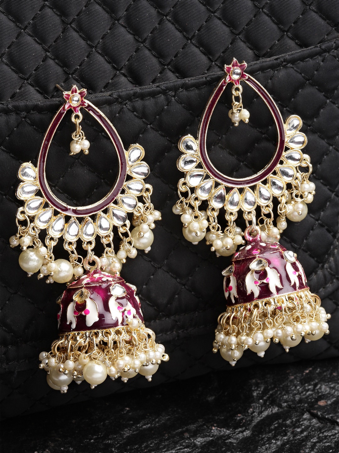 

Shining Diva Gold-Plated Pearls Classic Jhumkas Earrings, Pink