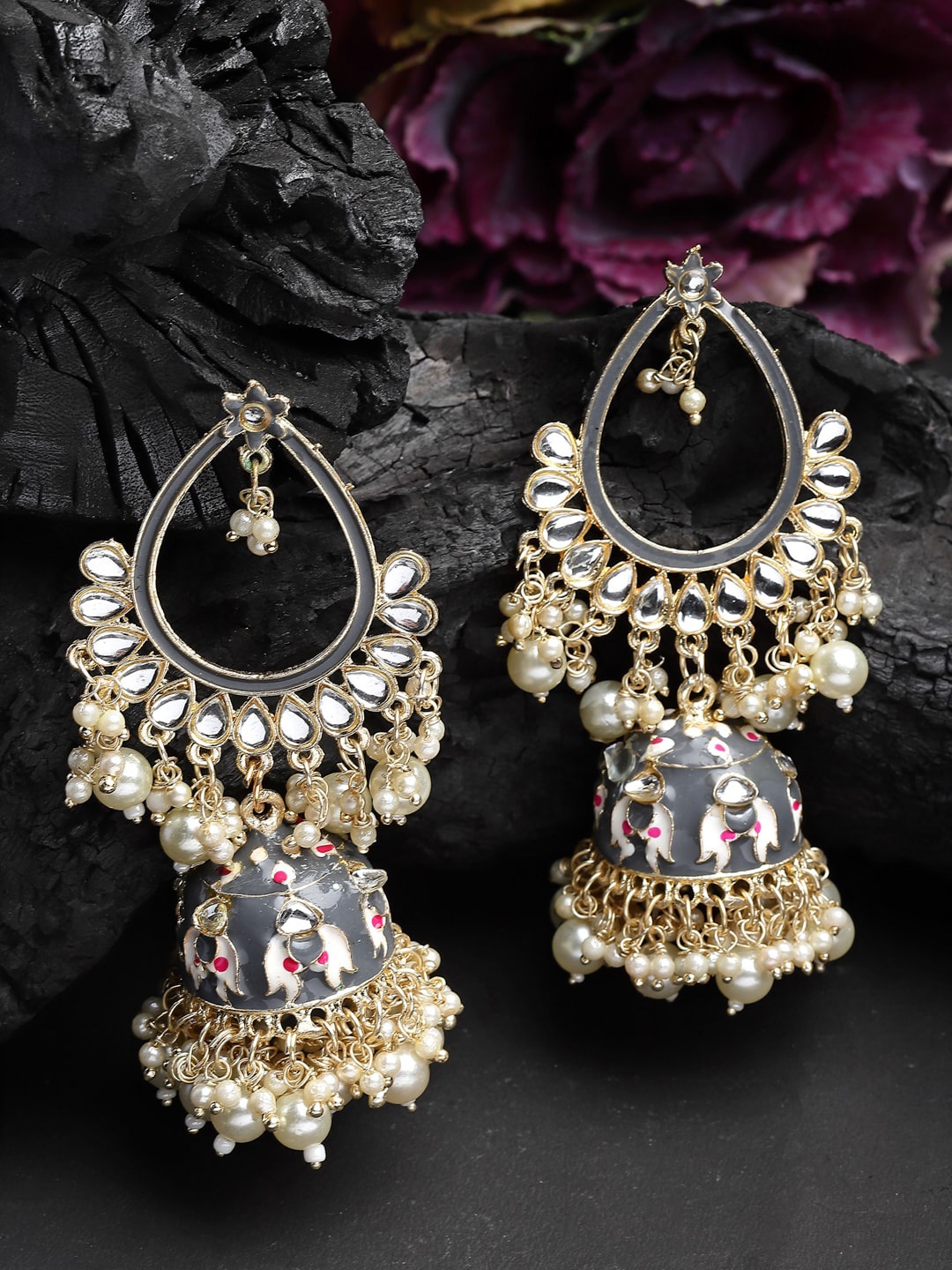 

Shining Diva Gold-Plated Classic Jhumkas Earrings, Grey