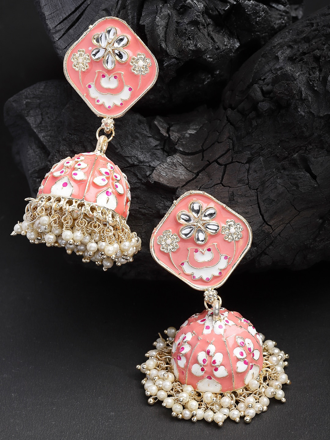 

Shining Diva Gold Toned Classic Jhumkas Earrings, Pink