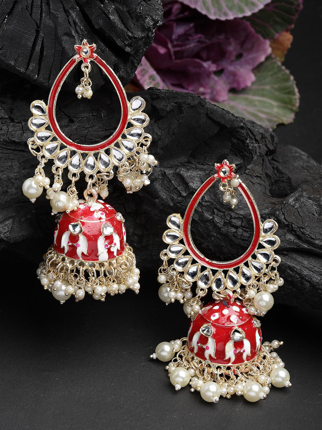 

Shining Diva Gold-Plated Classic Jhumkas Earrings, Red