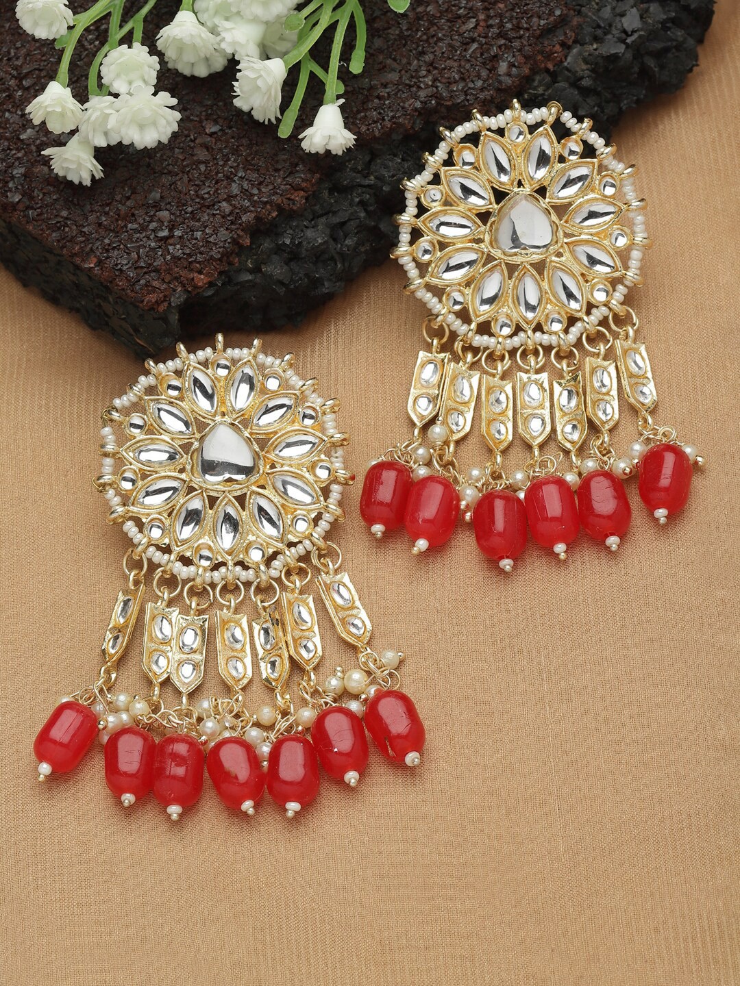 

Shining Diva Gold-Plated Kundan Studded Classic Drop Earrings, Red