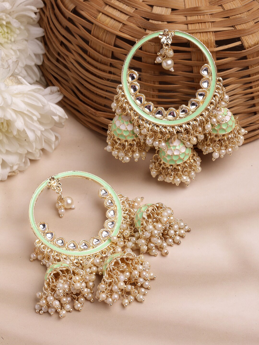 

Shining Diva Gold-Plated Classic Jhumkas Earrings, Sea green