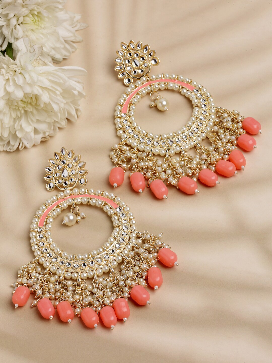 

Shining Diva Gold-Plated Classic Chandbalis Earrings, Peach