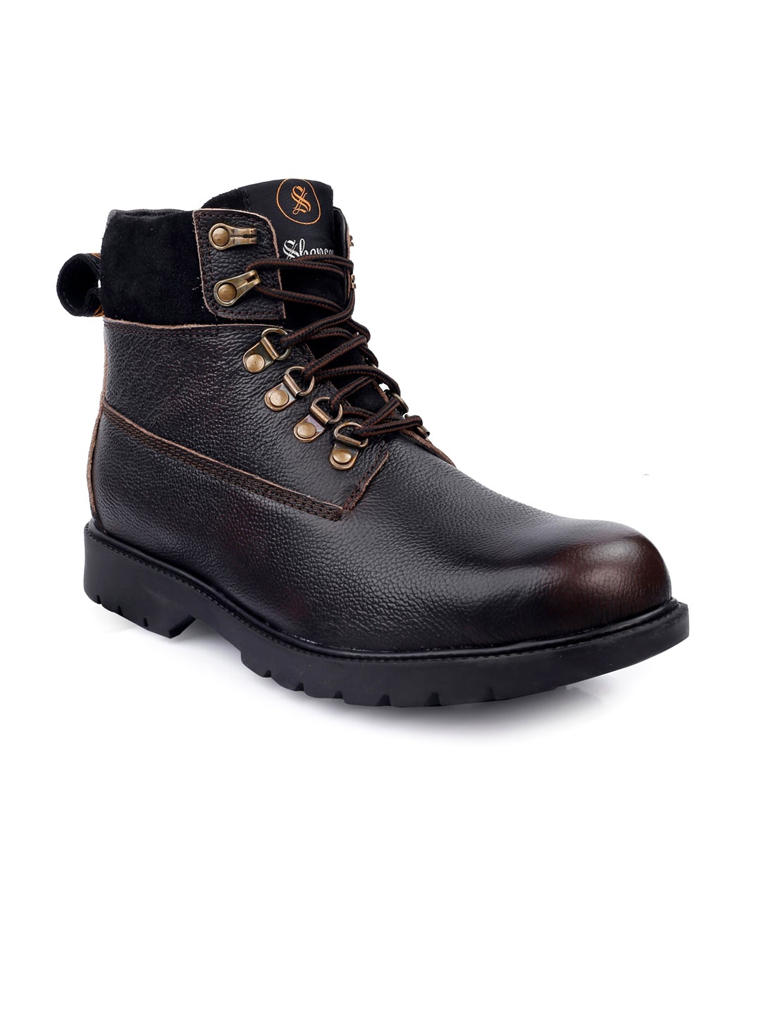 

SHENCES Men Textured Genuine Leather Biker Boots, Brown