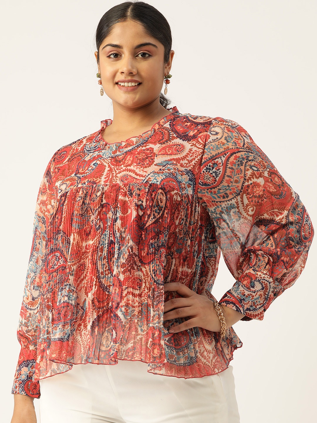 

Antheaa Curve Plus Size Ethnic Motifs Printed Pleated Chiffon A-Line Top, Rust