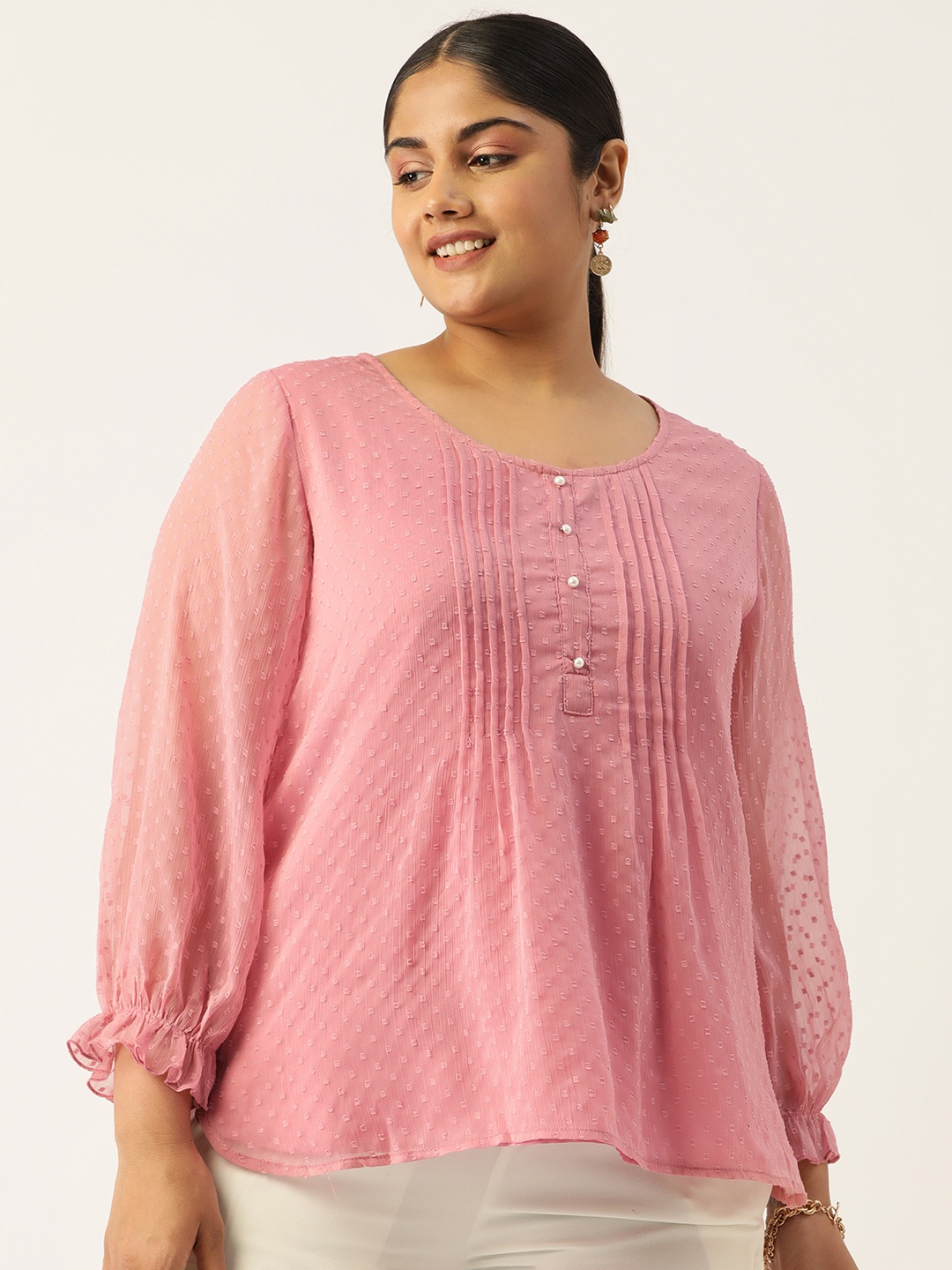 

Antheaa Curve Plus Size Self Design Pleated Chiffon A-Line Top, Pink