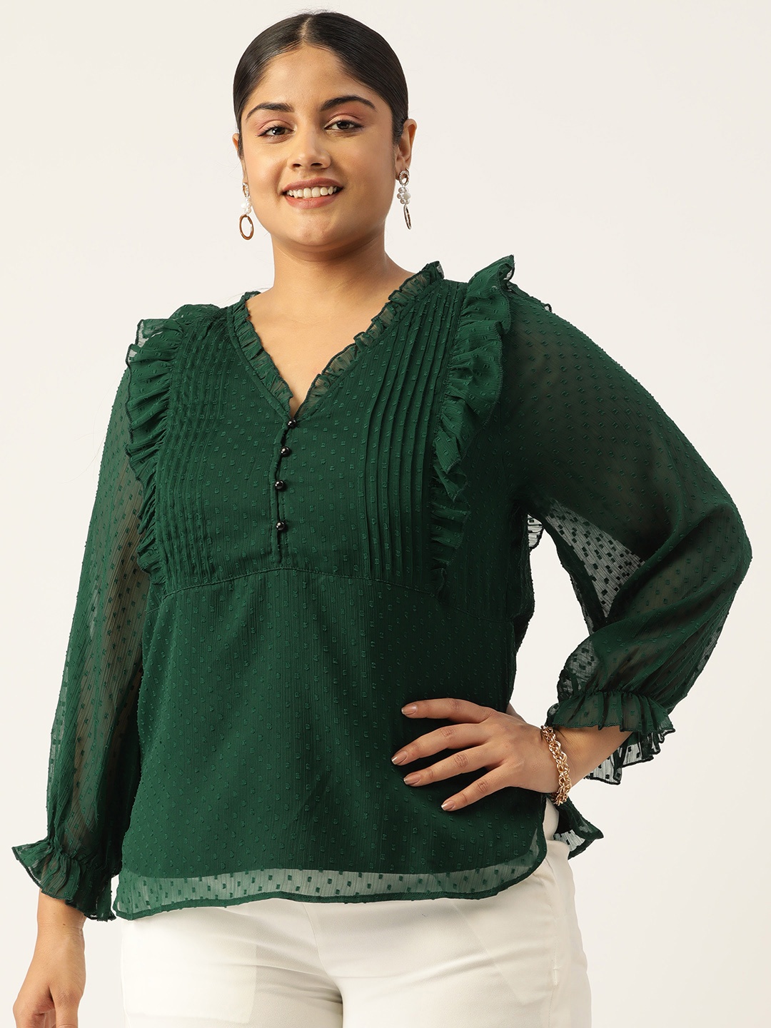 

Antheaa Curve Plus Size Self Design Ruffles Chiffon Top, Green