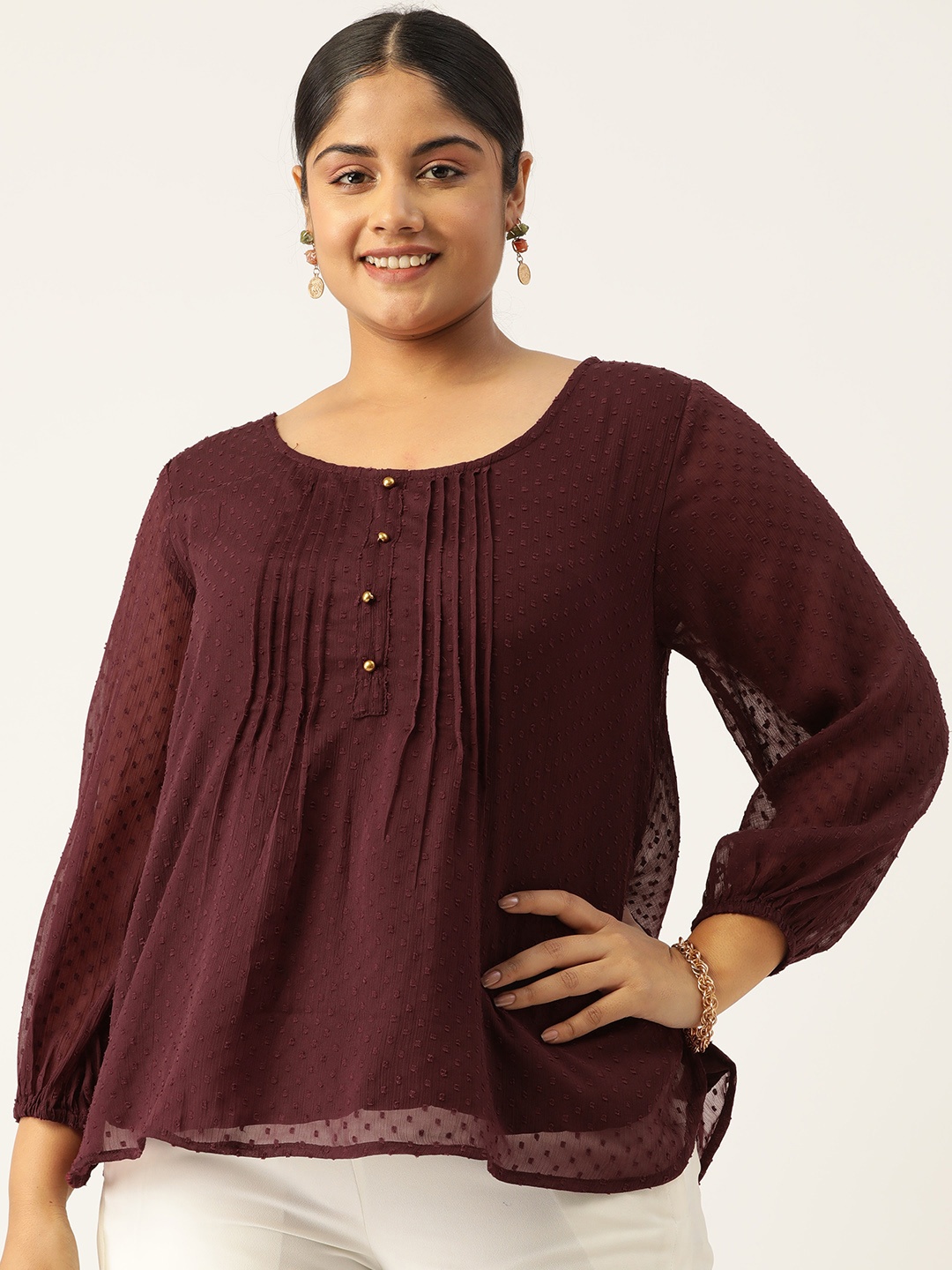 

Antheaa Curve Plus Size Self Design Pleated Chiffon A-Line Top, Burgundy