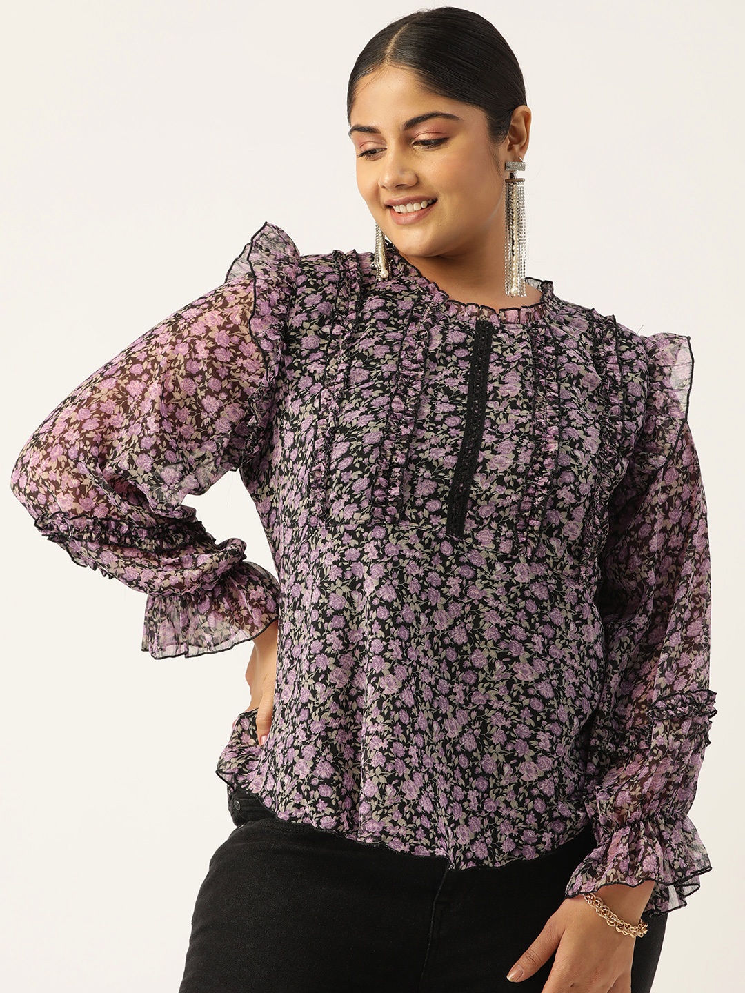 

Antheaa Curve Plus Size Floral Print Puff Sleeves High Neck Chiffon Top, Black