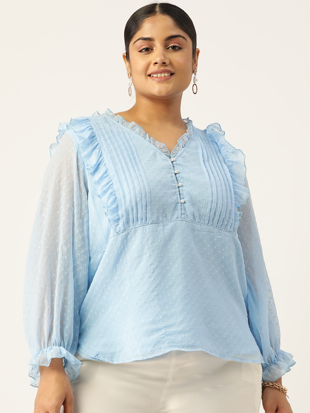 

Antheaa Curve Plus Size Self Design Ruffles Chiffon A-Line Top, Blue