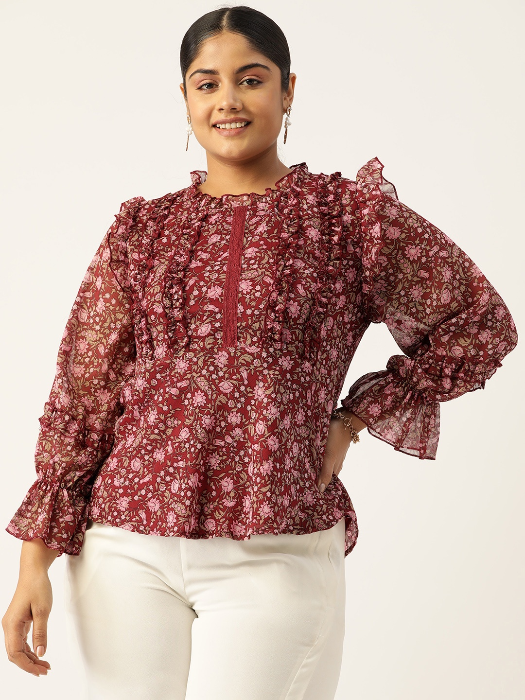 

Antheaa Curve Plus Size Ethnic Motifs Printed Ruffles Chiffon A-Line Top, Maroon