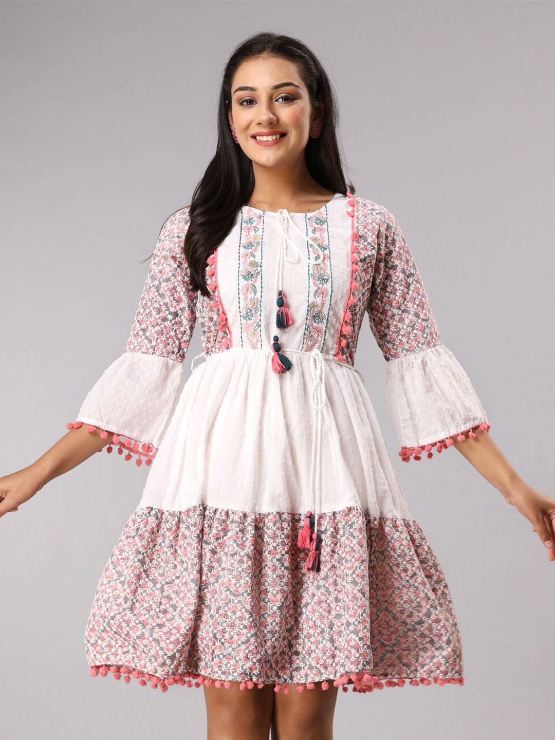

FASHION DWAR Floral Tie-Up Neck Pure Cotton Dress, Pink