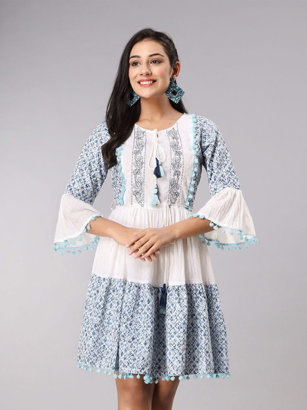 

FASHION DWAR Floral Tie-Up Neck Cotton Dress, Blue