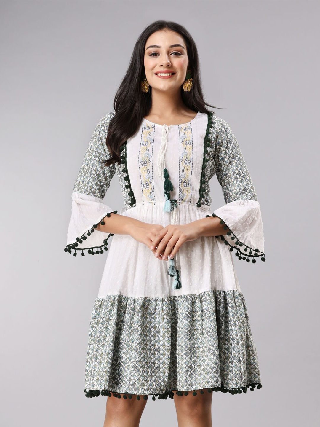 

FASHION DWAR Floral Embroidred Cotton Fit And Flare Dress, Green