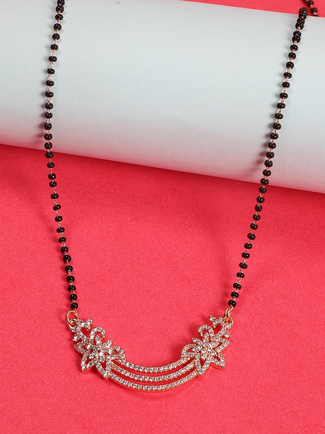 

STEORRA JEWELS Gold-Plated Beaded & AD Studded Mangalsutra
