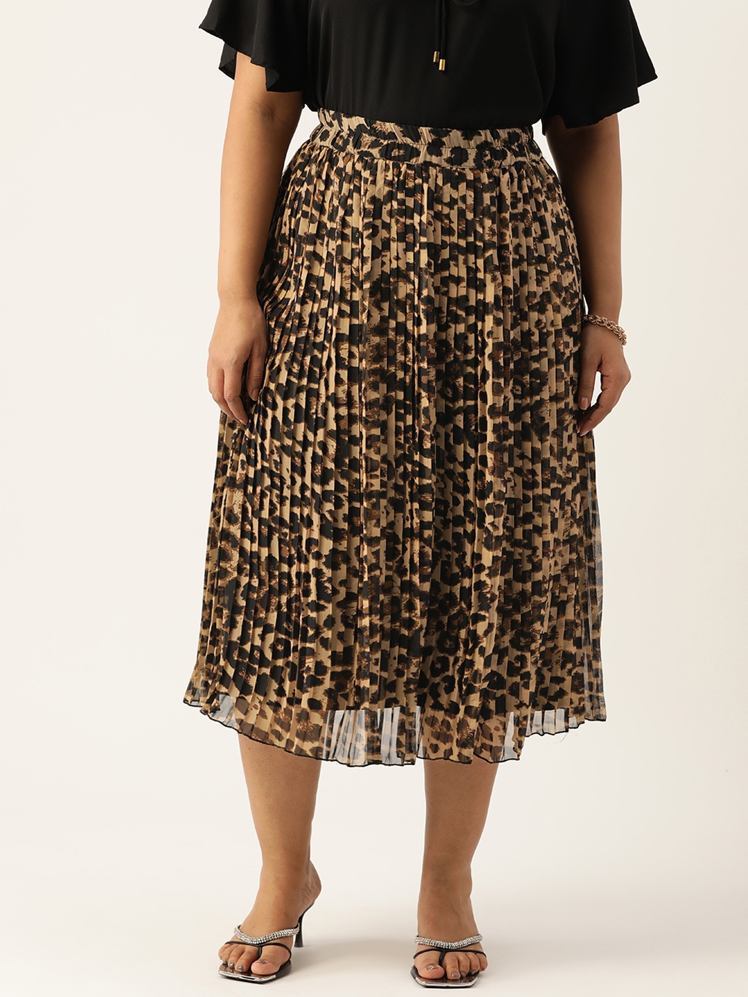 

Antheaa Curve Plus Size Animal Printed Accordion Pleated A-Line Skirt, Brown