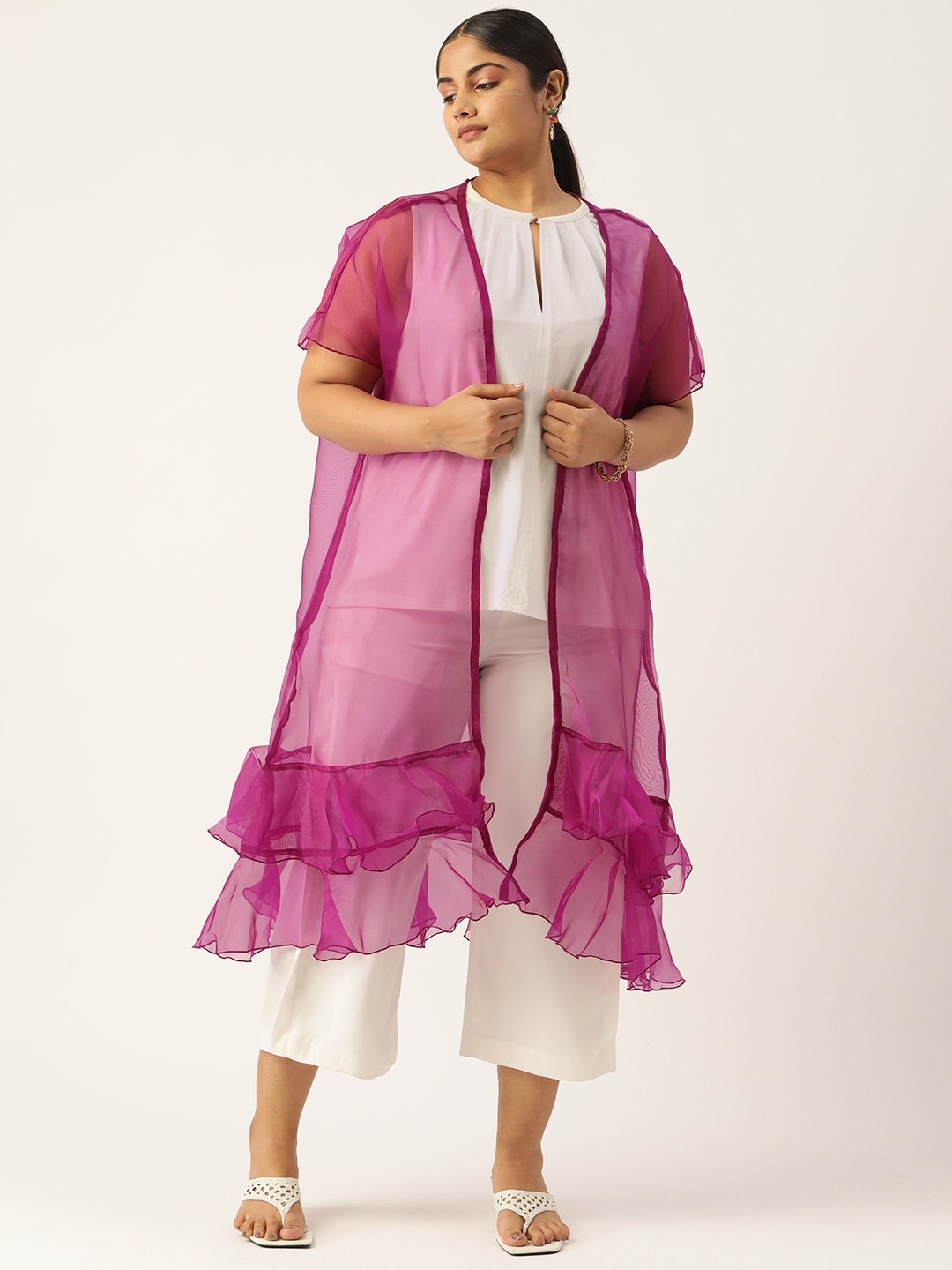 

Antheaa Curve Women Plus Size Ruffles Longline Open Front Shrug, Purple