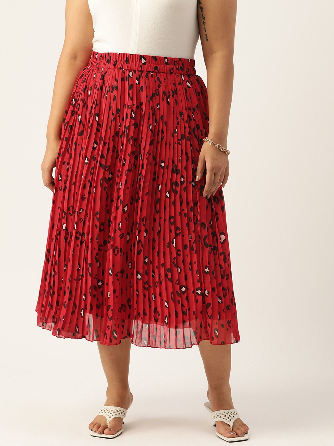 Antheaa Curve Plus Size Pleated Abstract Printed A-Line Midi Skirt, Red