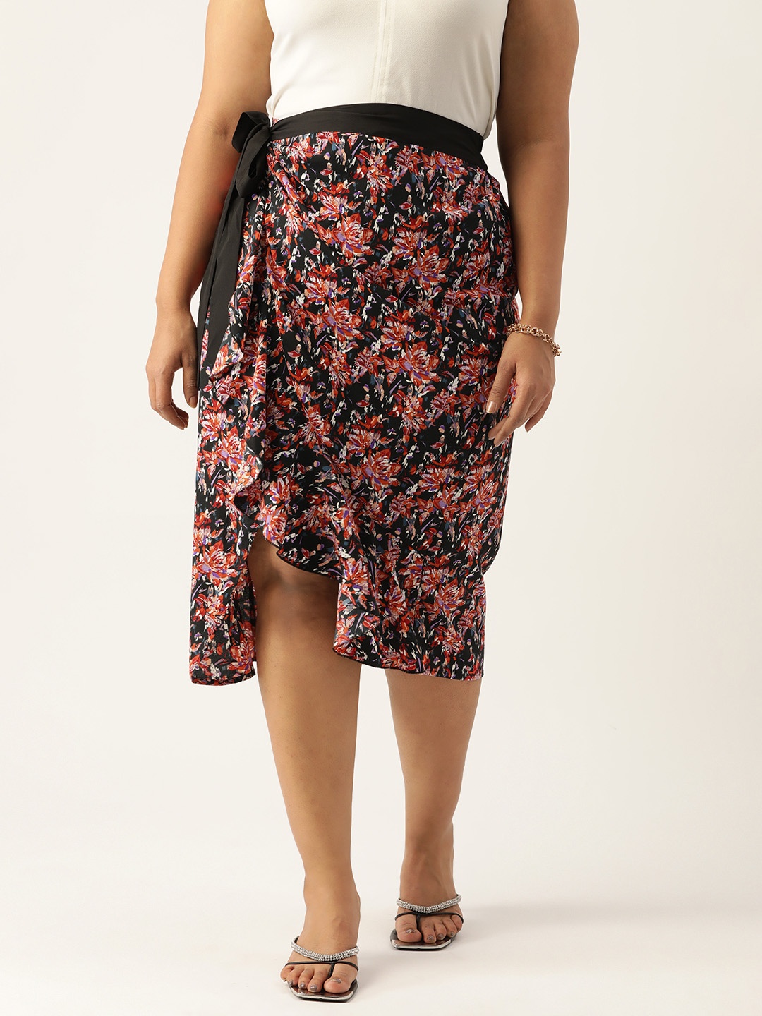 

Antheaa Curve Plus Size Bows & Ruffles Floral Printed Wrap Skirt, Black