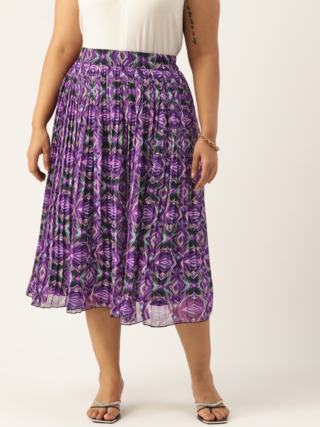 

Antheaa Curve Plus Size Pleated Abstract Printed A-Line Midi Skirt, Purple