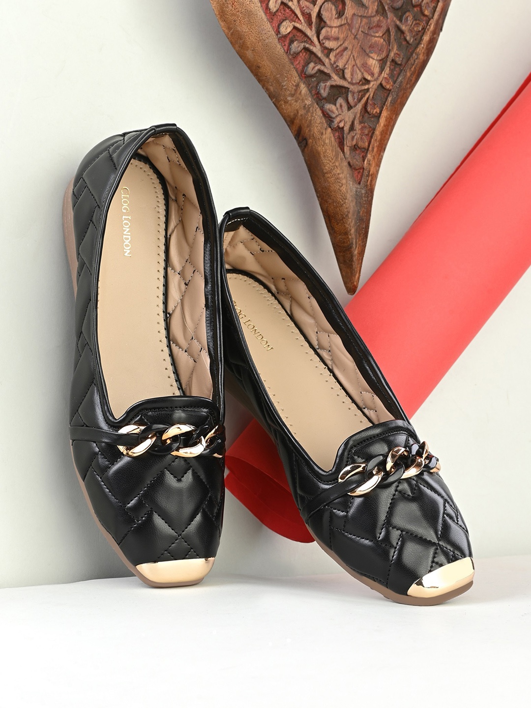 

CLOG LONDON Quilted Embellished Ballerinas, Black