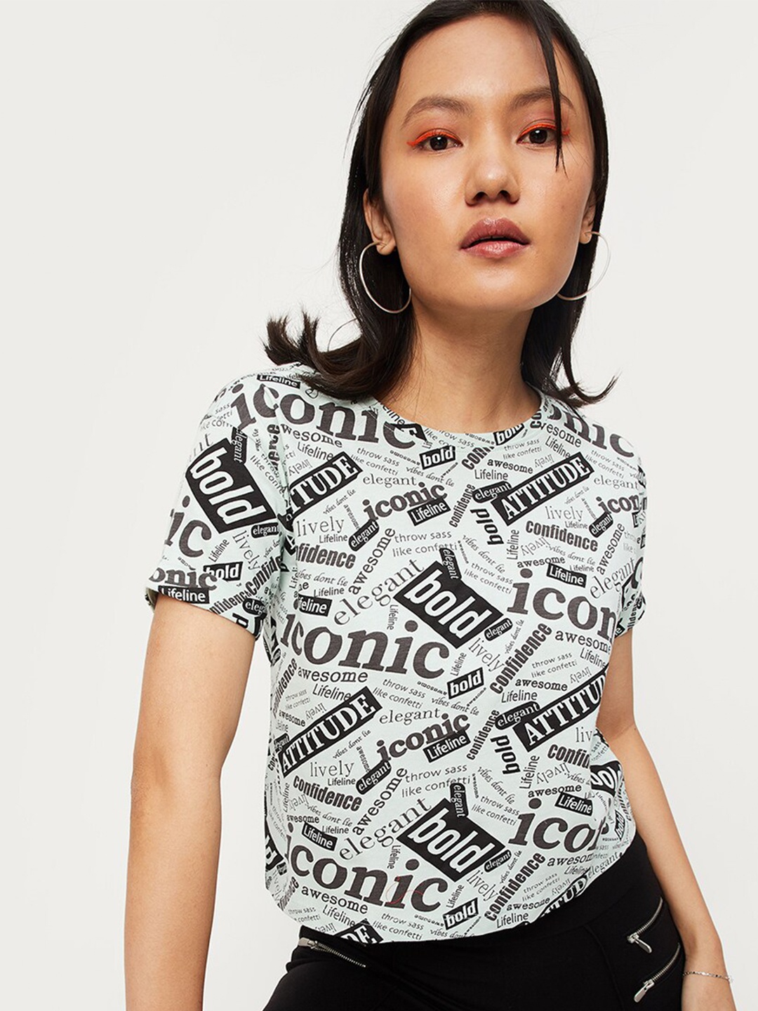 

max Women Typography Printed Extended Sleeves Cotton T-shirt, Blue