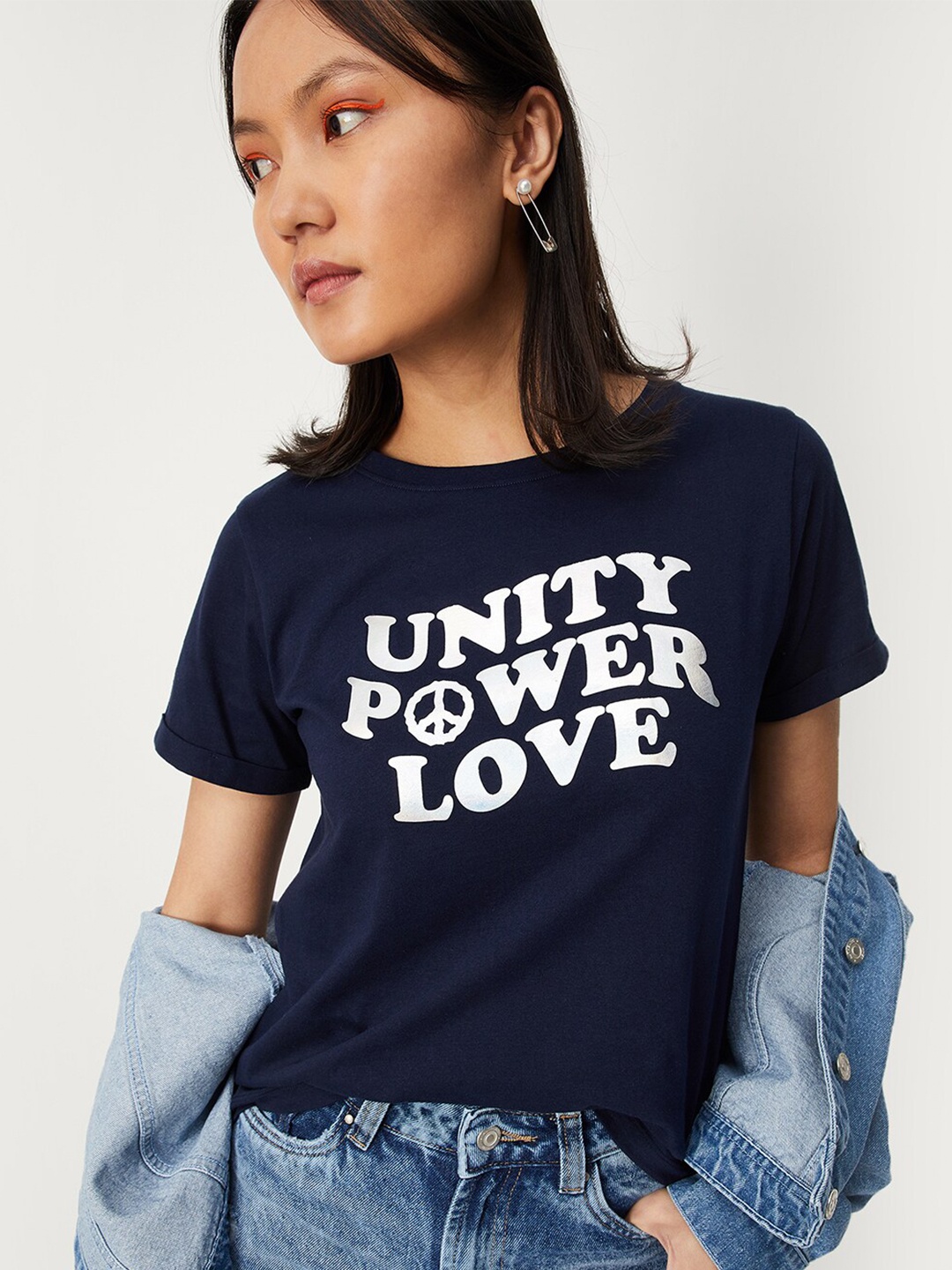 

max Women Typography Printed Pure Cotton T-shirt, Blue