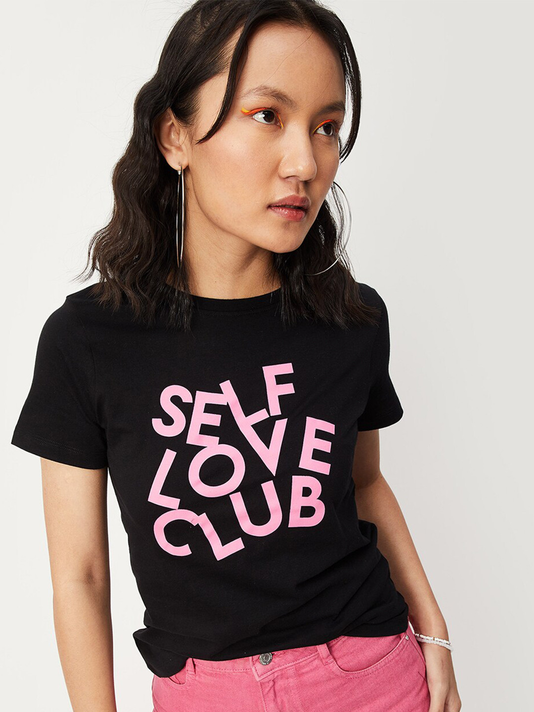 

max Women Typography Printed Pure Cotton T-shirt, Black