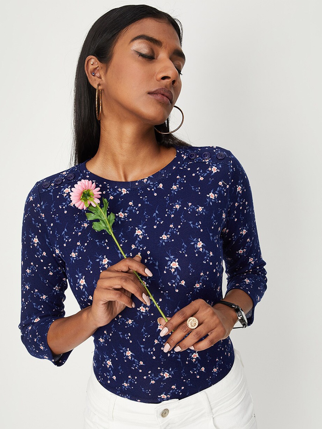 

max Women Floral Printed T-shirt, Navy blue